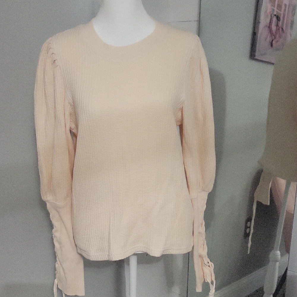 Free People Peach Long-Sleeve Ribbed Top with Tie Cuffs